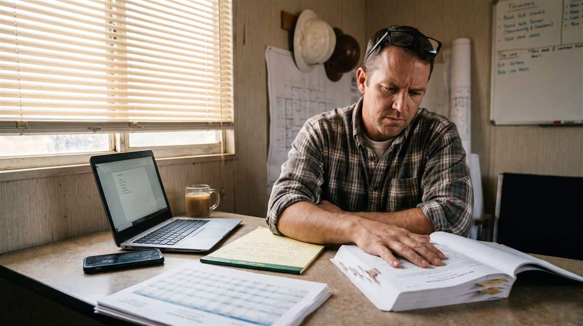 A contractor in a site trailer reviewing a bid package beside three years of financial statements, the paperwork the bonding requirements contractors face actually turn on.