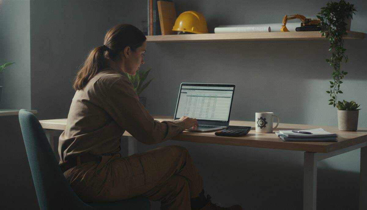 Contractor handling the monthly bookkeeping at a home office desk with a laptop and calculator