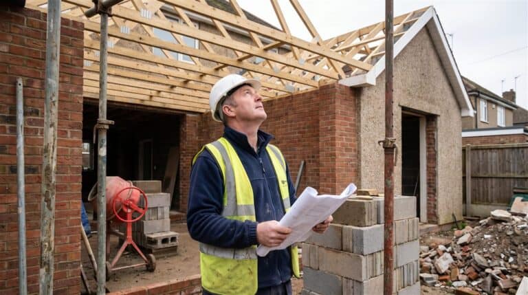 Builder checking roof timbers inside the brick shell of a UK rear extension