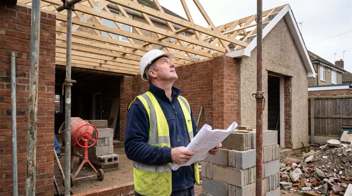 Builder checking roof timbers inside the brick shell of a UK rear extension