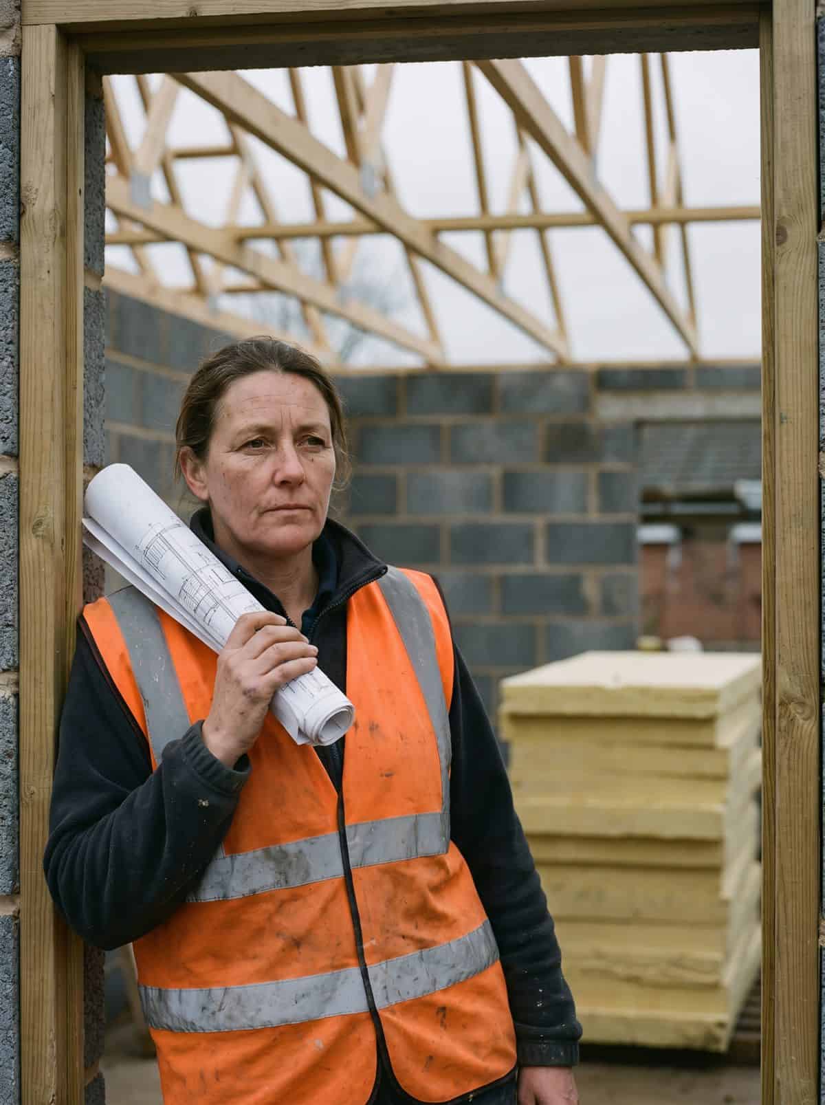 Builder holding rolled drawings in the doorway of an unfinished UK extension