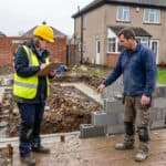 Building Control surveyor and builder inspecting foundation trenches at a house extension