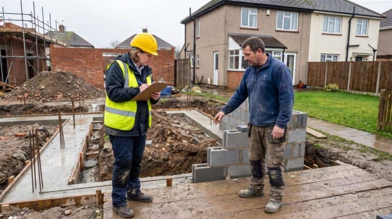 Building Control surveyor and builder inspecting foundation trenches at a house extension