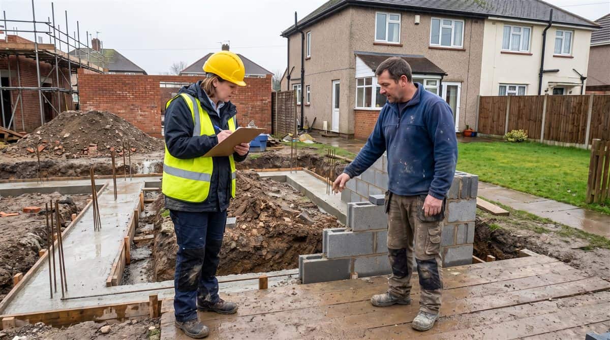 Building Control surveyor and builder inspecting foundation trenches at a house extension