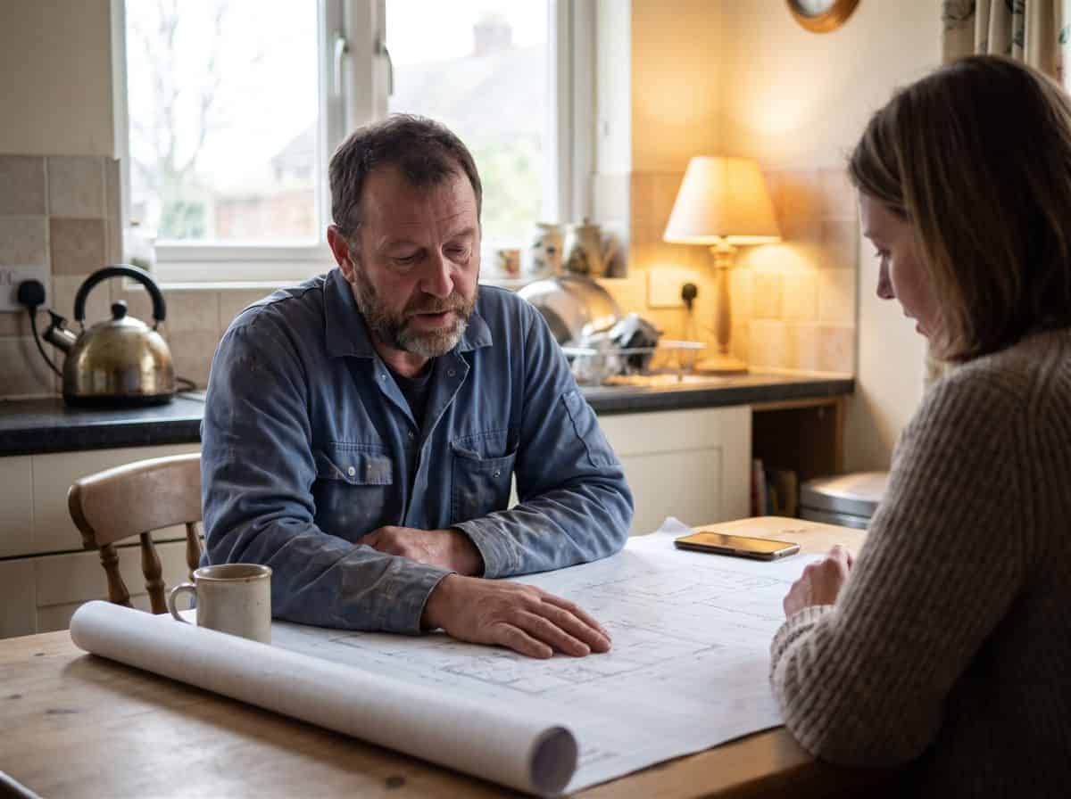 Builder and homeowner going over drawings at a kitchen table before work starts