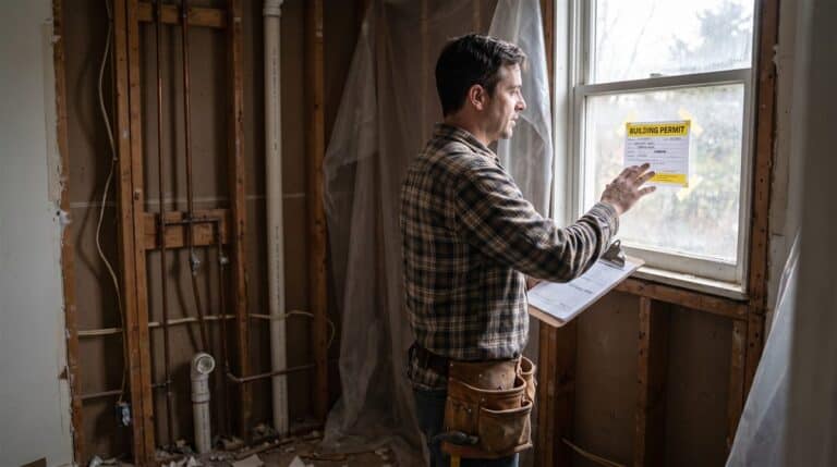 A remodeler checking a permit card taped inside a window beside opened framing and rough plumbing, the stage where building permit requirements are actually tested.