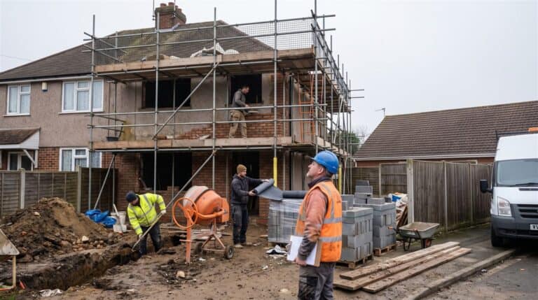 Supervisor with a clipboard overseeing three trades on a scaffolded house extension, a typical CDM site