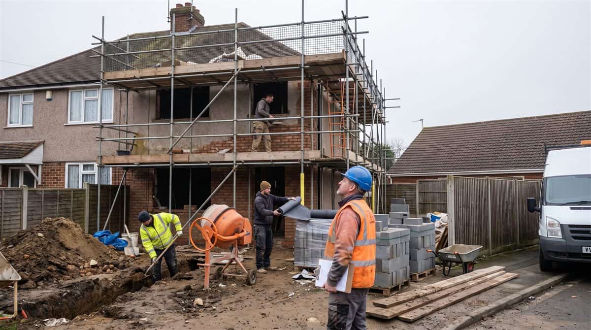Supervisor with a clipboard overseeing three trades on a scaffolded house extension, a typical CDM site