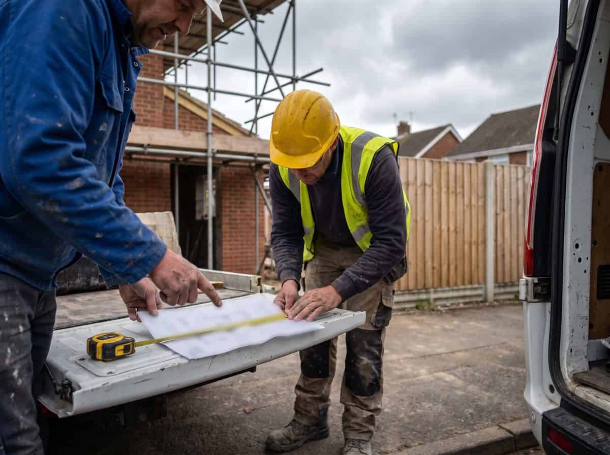 Two tradespeople reading a construction phase plan spread on a van tailgate at a domestic extension