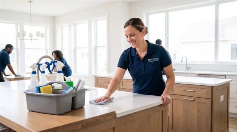 Professional house cleaner wiping a bright kitchen counter with a supplies caddy nearby
