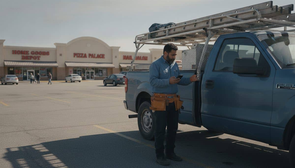 Contractor beside a ladder-rack work truck that needs commercial auto insurance in a strip-mall parking lot