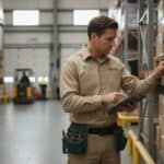 Commercial pest technician reading a wall-mounted rodent monitor along food-warehouse racking, tablet in hand