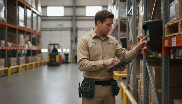 Commercial pest technician reading a wall-mounted rodent monitor along food-warehouse racking, tablet in hand