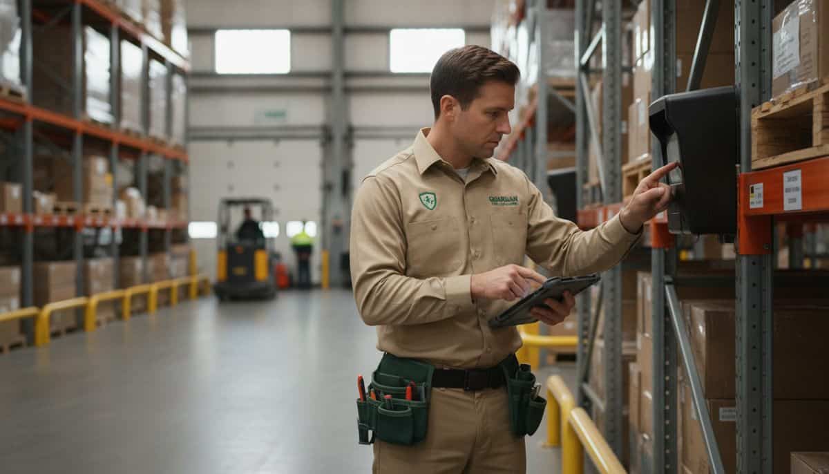 Commercial pest technician reading a wall-mounted rodent monitor along food-warehouse racking, tablet in hand