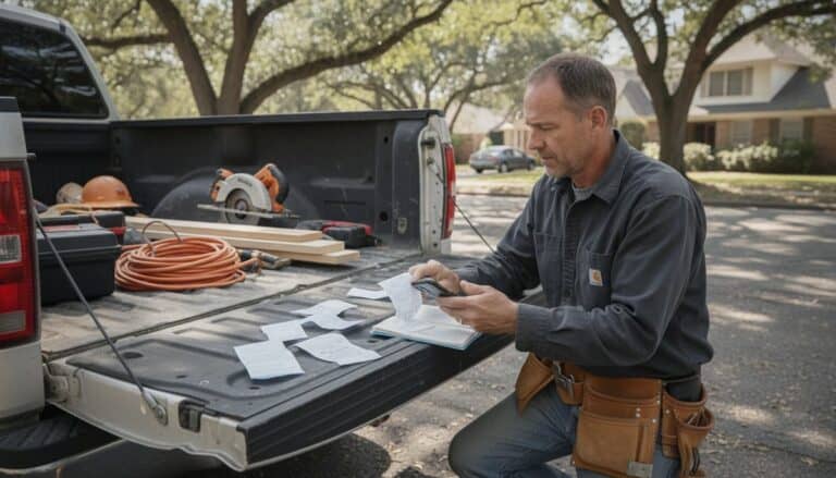 Contractor sorting receipts for tax deductions and photographing one at a pickup truck tailgate