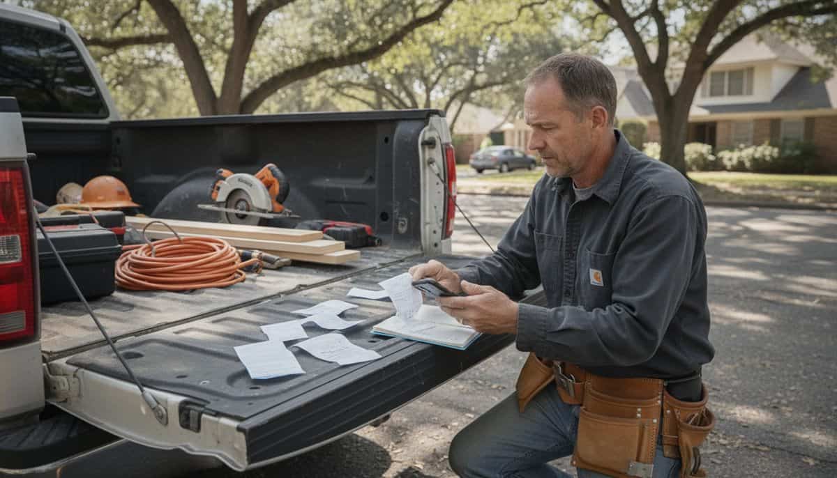 Contractor sorting receipts for tax deductions and photographing one at a pickup truck tailgate