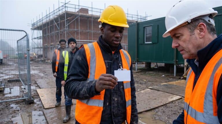Construction worker showing a CSCS card at a site turnstile on an overcast morning