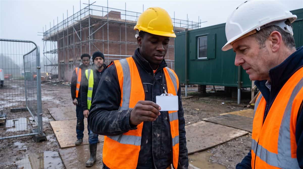 Construction worker showing a CSCS card at a site turnstile on an overcast morning