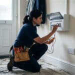 Electrician testing an RCD at an open consumer unit in the hallway of a UK terraced house