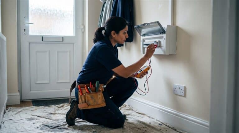 Electrician testing an RCD at an open consumer unit in the hallway of a UK terraced house