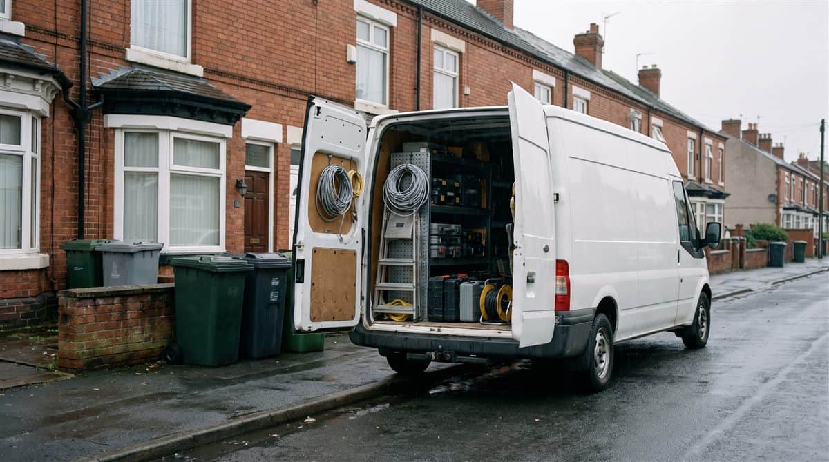 Open work van at the kerb on a UK terraced street, racked with cable reels and tool cases