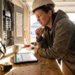 Electrician reviewing a job bid on a tablet beside an open breaker panel in a suburban garage