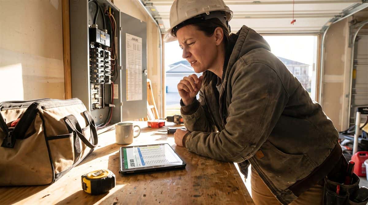 Electrician reviewing a job bid on a tablet beside an open breaker panel in a suburban garage