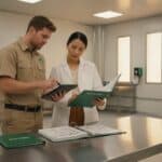 Pest technician and food-safety auditor reviewing a device-map binder in a stainless-steel food facility