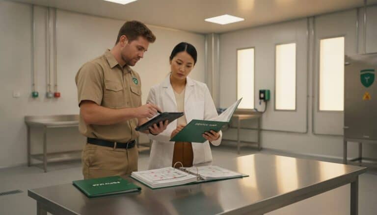 Pest technician and food-safety auditor reviewing a device-map binder in a stainless-steel food facility