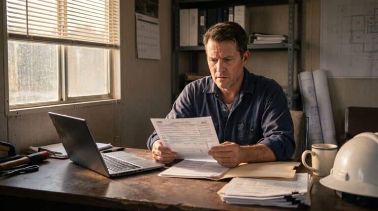 Contractor at a shop office desk reading tax paperwork, the kind of record a Form SS-8 determination turns on