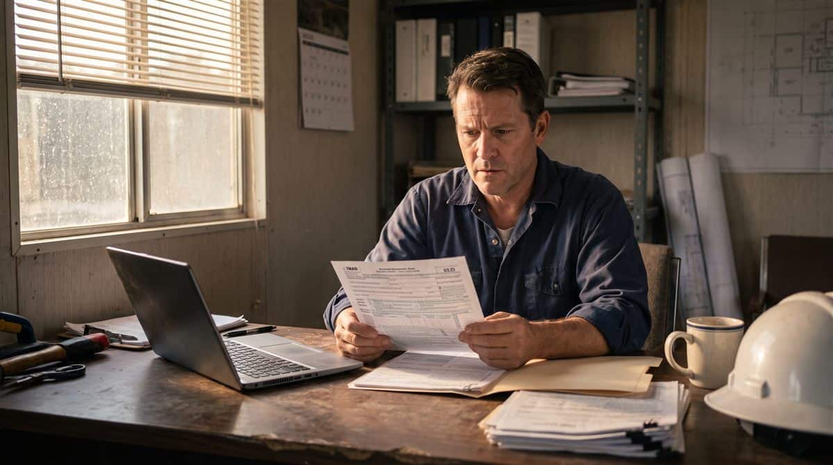 Contractor at a shop office desk reading tax paperwork, the kind of record a Form SS-8 determination turns on