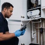 Gas engineer testing an open combi boiler with a flue gas analyser in a UK kitchen