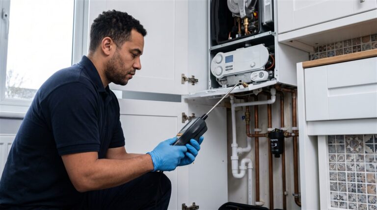 Gas engineer testing an open combi boiler with a flue gas analyser in a UK kitchen