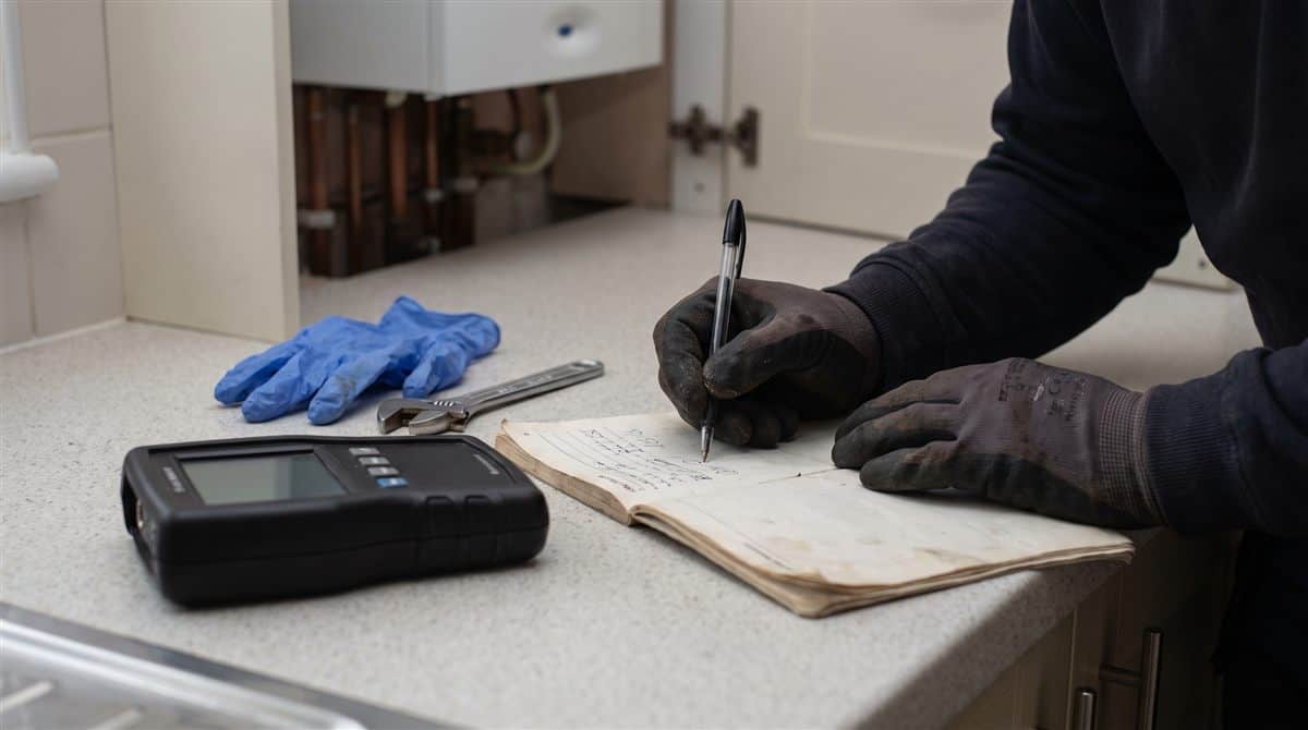 Gas engineer completing a paper service record beside a flue gas analyser on a kitchen worktop