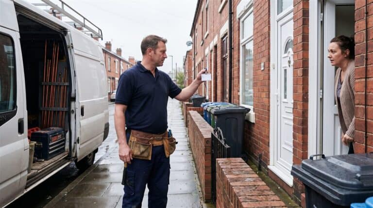 Gas engineer showing his Gas Safe registration card to a homeowner outside a brick terraced house