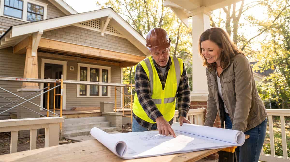 General contractor in a hard hat reviewing plans with a homeowner on a renovation porch