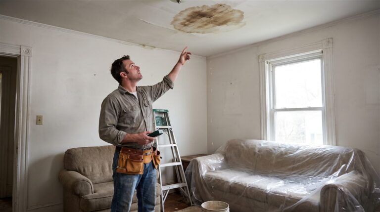 Contractor examining a large water stain spreading across an apartment ceiling, the kind of third-party damage general liability insurance is built to cover