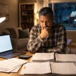 US contractor reviewing retirement plan paperwork and financial statements at a home desk in the evening