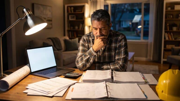 US contractor reviewing retirement plan paperwork and financial statements at a home desk in the evening