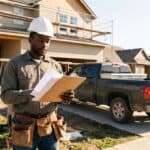Black general contractor in a hard hat checking license paperwork outside a suburban home renovation