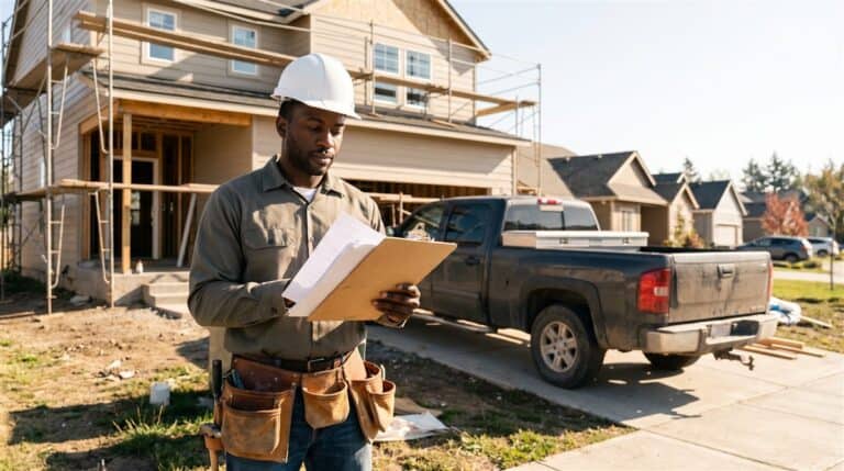 Black general contractor in a hard hat checking license paperwork outside a suburban home renovation