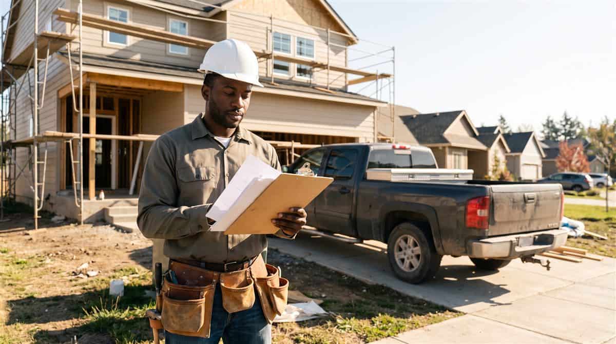 Black general contractor in a hard hat checking license paperwork outside a suburban home renovation