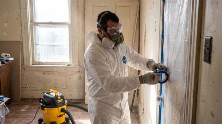 Renovator in a respirator and coverall setting plastic containment for lead-safe paint work in an older home