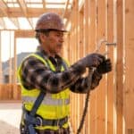 Construction worker in a harness and hard hat clipping a fall-arrest lanyard to wood framing