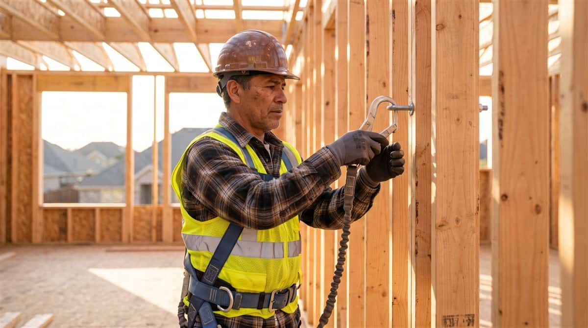 Construction worker in a harness and hard hat clipping a fall-arrest lanyard to wood framing