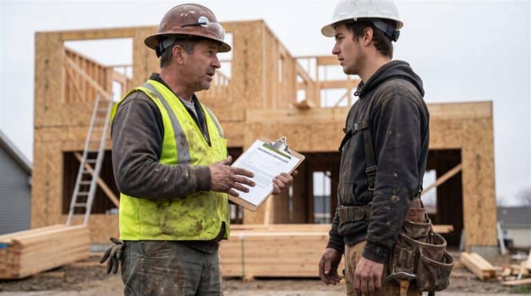 Site foreman in a hi-vis vest reviewing workers comp paperwork with a framing carpenter at a house build