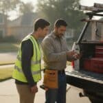 Contractor walking his first employee through the day's job list at a truck tailgate
