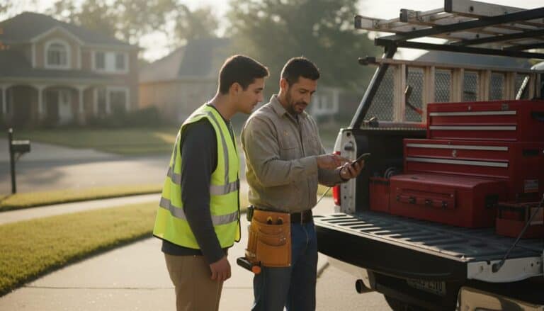 Contractor walking his first employee through the day's job list at a truck tailgate