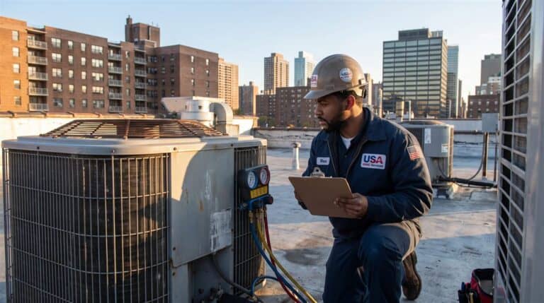 HVAC technician checking refrigerant gauges on a rooftop air-conditioning unit