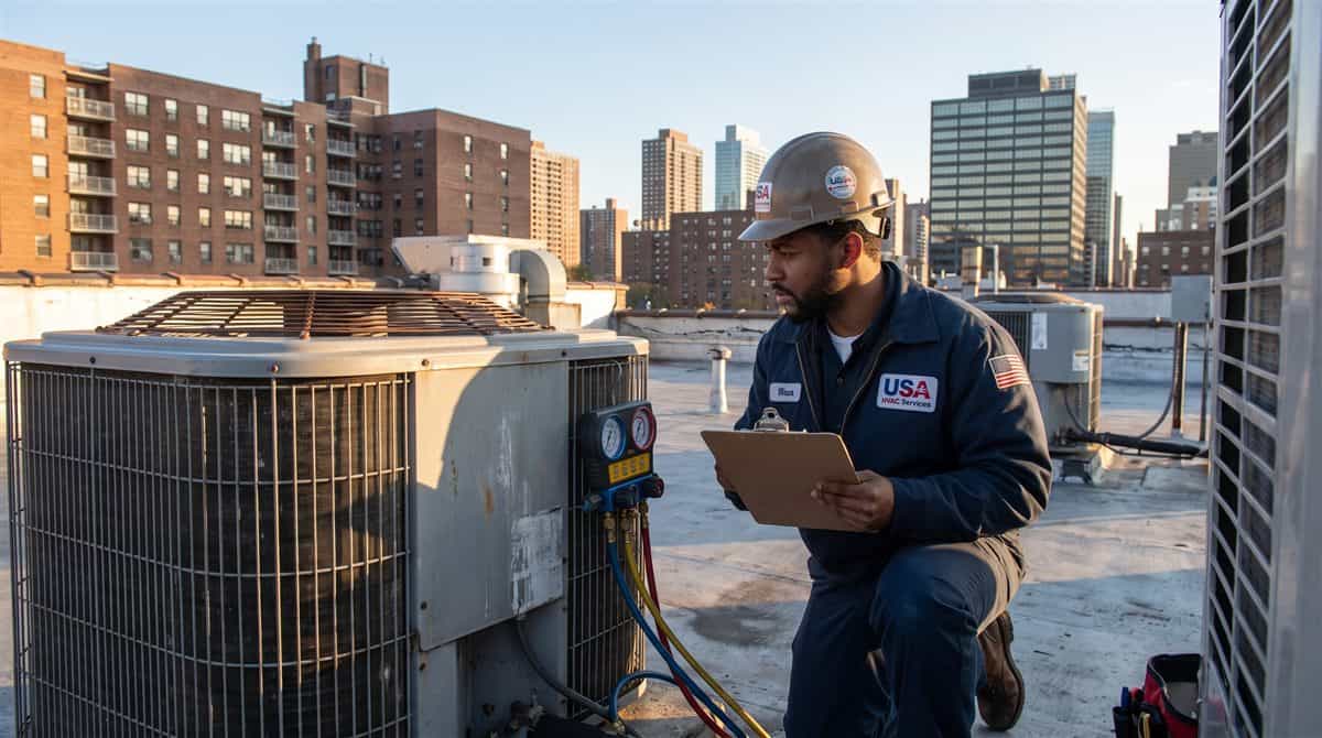 HVAC technician checking refrigerant gauges on a rooftop air-conditioning unit
